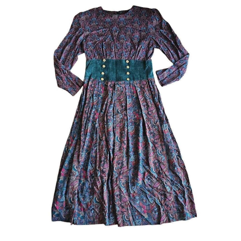Patty O'Neil vintage Sz 10 multicolor paisley Long sleeve maxi boho dress